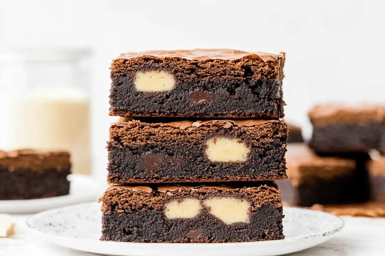 Slutty Brownies 6 Close-up of stacked Slutty Brownies with gooey brownie, Oreo, and cookie dough layers.