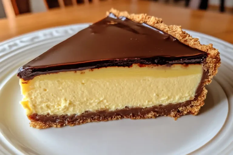 boston cream pie cheesecake slice with custard and ganache