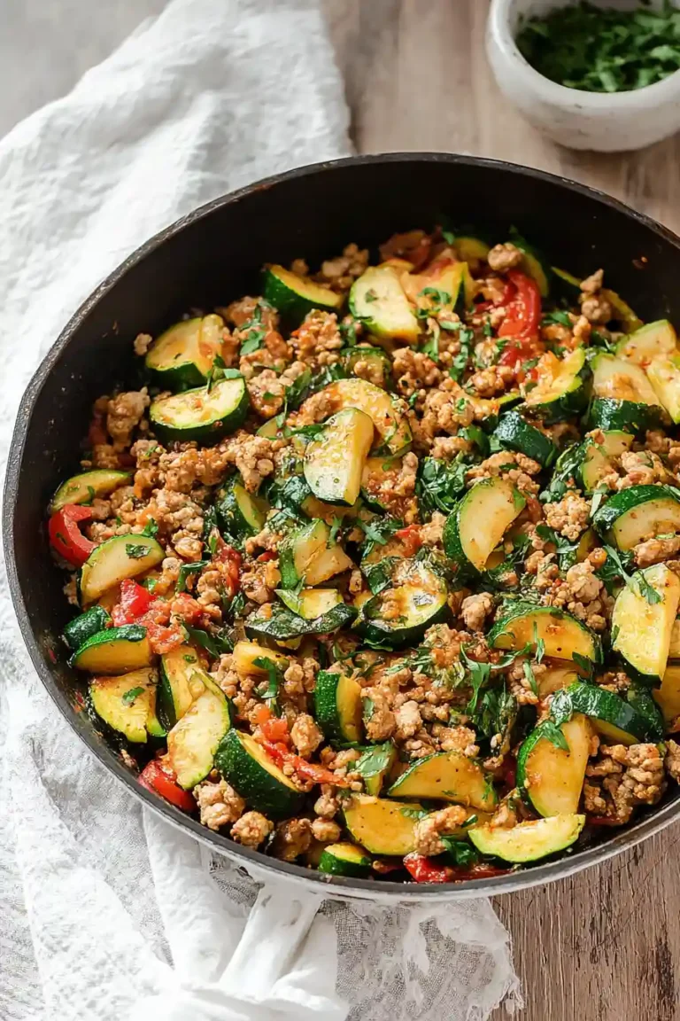 Ground turkey zucchini skillet cooking in cast iron pan with wooden spoon