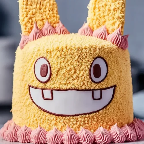 Labubu Cake Recipe 4 Labubu cake with yellow buttercream, pointed ears and signature grin on marble stand