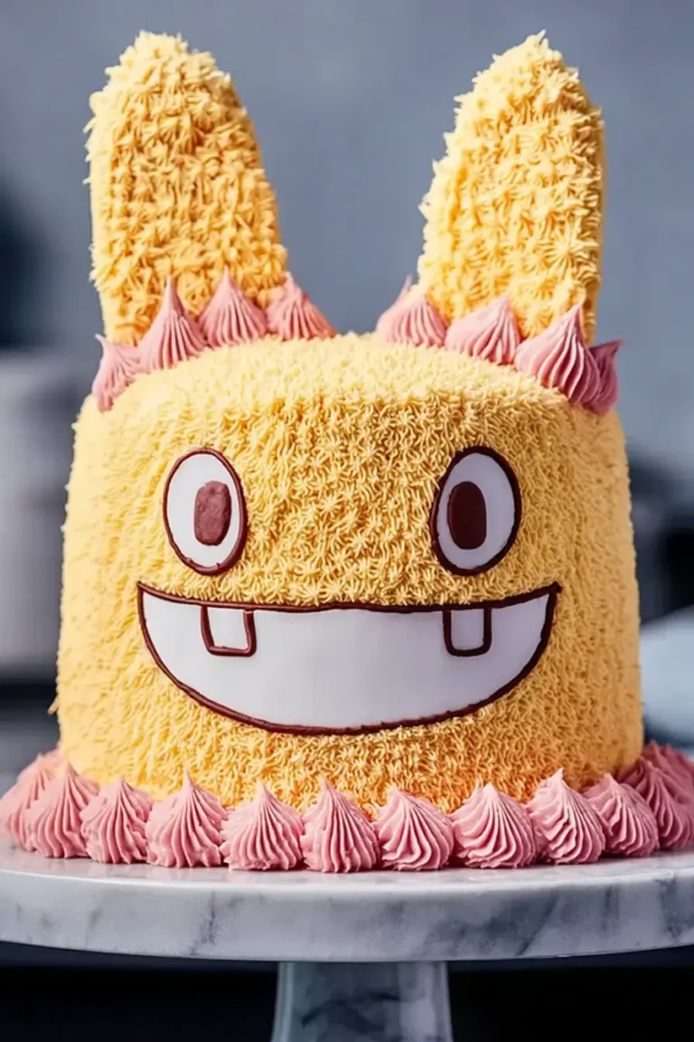 Labubu cake with yellow buttercream, pointed ears and signature grin on marble stand