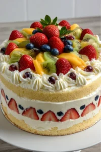 Fruit cream cake with fresh berries and whipped cream layers on cake stand
