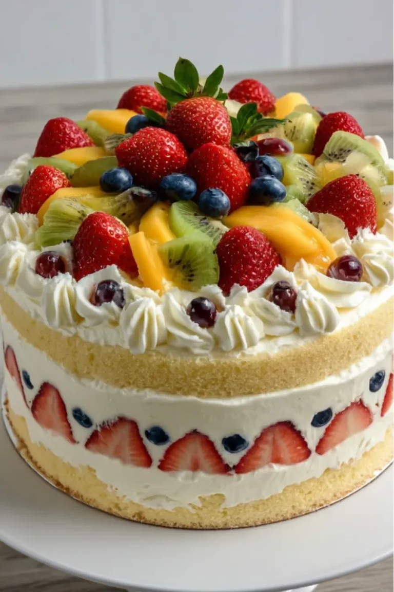 Fruit cream cake with fresh berries and whipped cream layers on cake stand