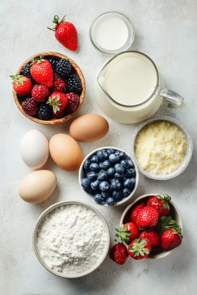 Fruit Cream Cake 3 Fruit cream cake ingredients including fresh berries, flour, eggs, and heavy