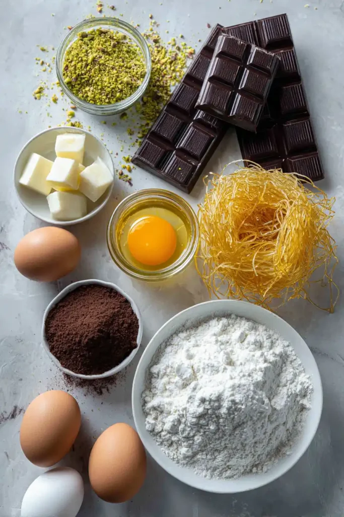 Ingredients for making Dubai chocolate brownies including pistachio cream and kataifi
