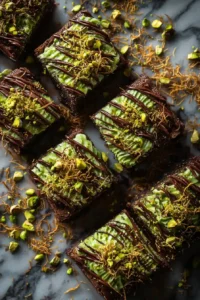 Dubai chocolate brownies with pistachio cream and kataifi topping