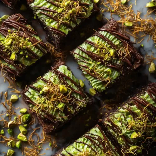 Dubai chocolate brownies with pistachio cream and kataifi topping