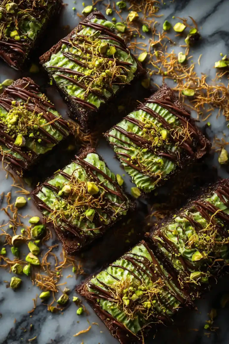 Dubai chocolate brownies with pistachio cream and kataifi topping