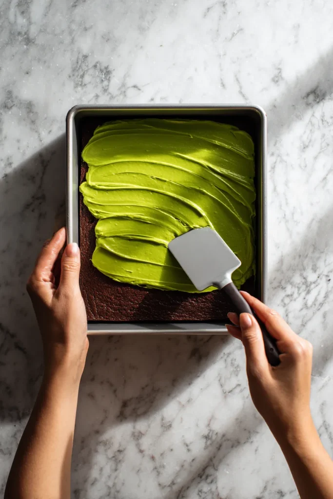 Spreading pistachio cream on Dubai chocolate brownies with offset spatula