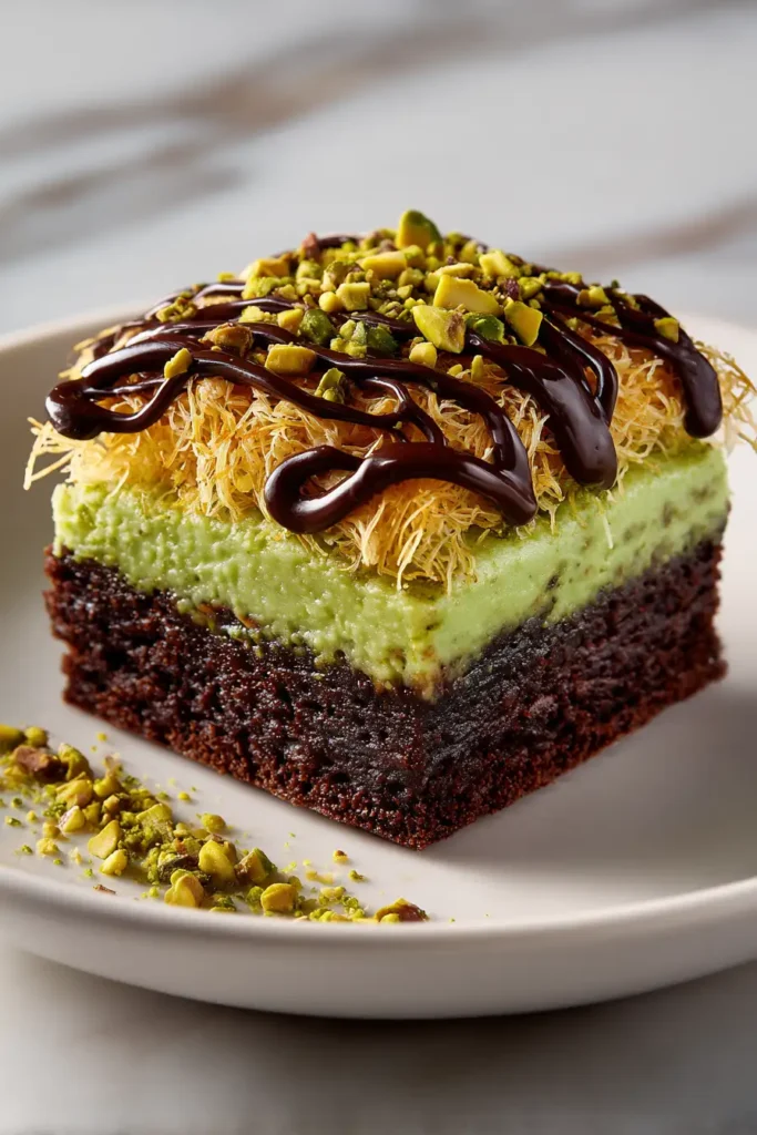 Beautifully plated Dubai chocolate brownie with pistachio cream and kataifi