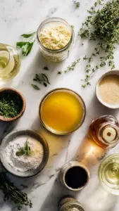Chicken bouillon substitute options including broth, homemade powder, and miso paste arranged on marble counter