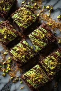 bai chocolate brownies with pistachio cream and kataifi topping
