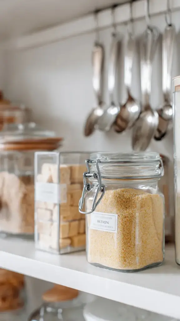 Chicken bouillon storage in airtight glass jar with measuring spoons in organized pantry