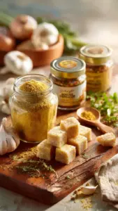 Chicken bouillon types including powder, cubes, and paste arranged on wooden board