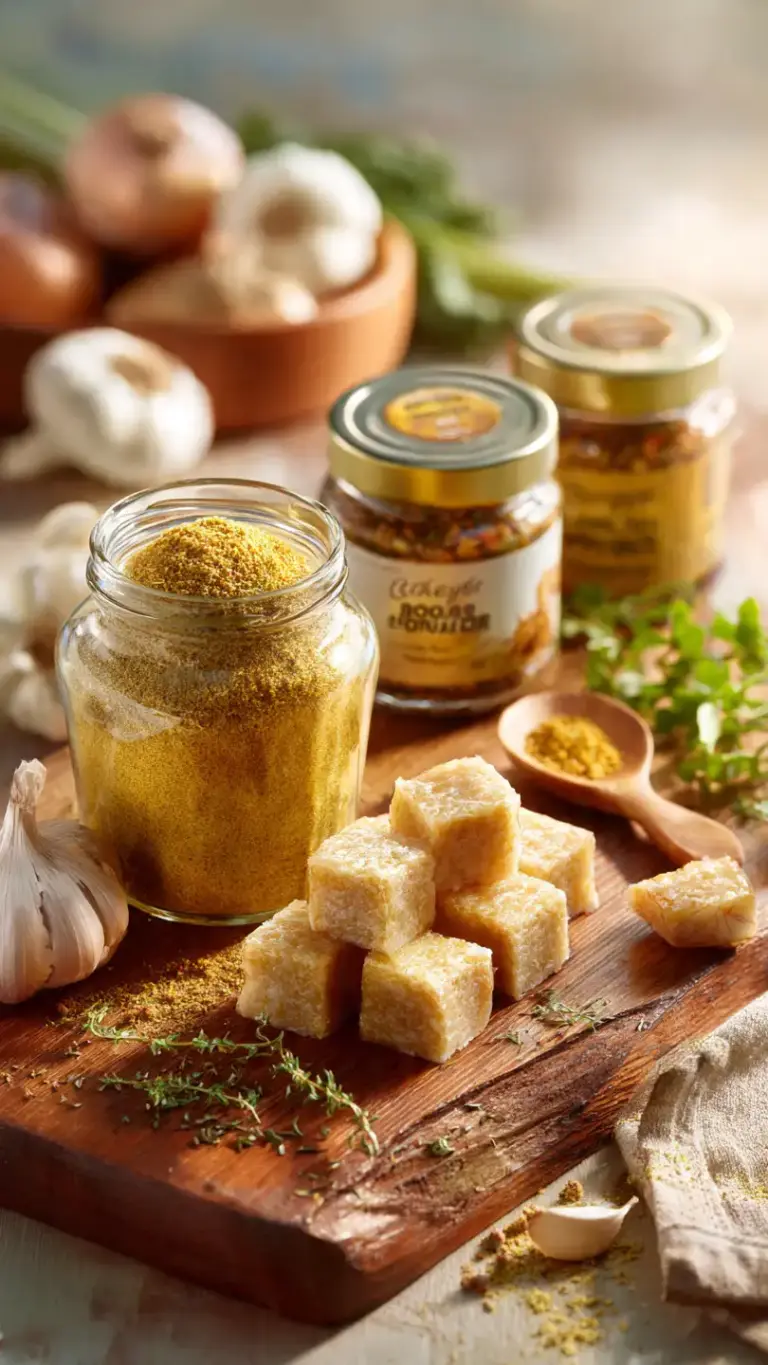 Chicken bouillon types including powder, cubes, and paste arranged on wooden board