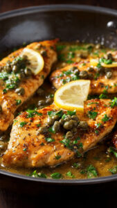 Chicken piccata with golden-seared cutlets glistening in bright lemon caper sauce, fresh parsley garnish on white ceramic plate