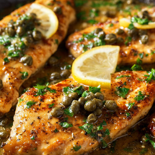 Chicken Piccata Recipe: Easy 25-Minute Lemon Caper Dish 9 Chicken piccata with golden-seared cutlets glistening in bright lemon caper sauce, fresh parsley garnish on white ceramic plate