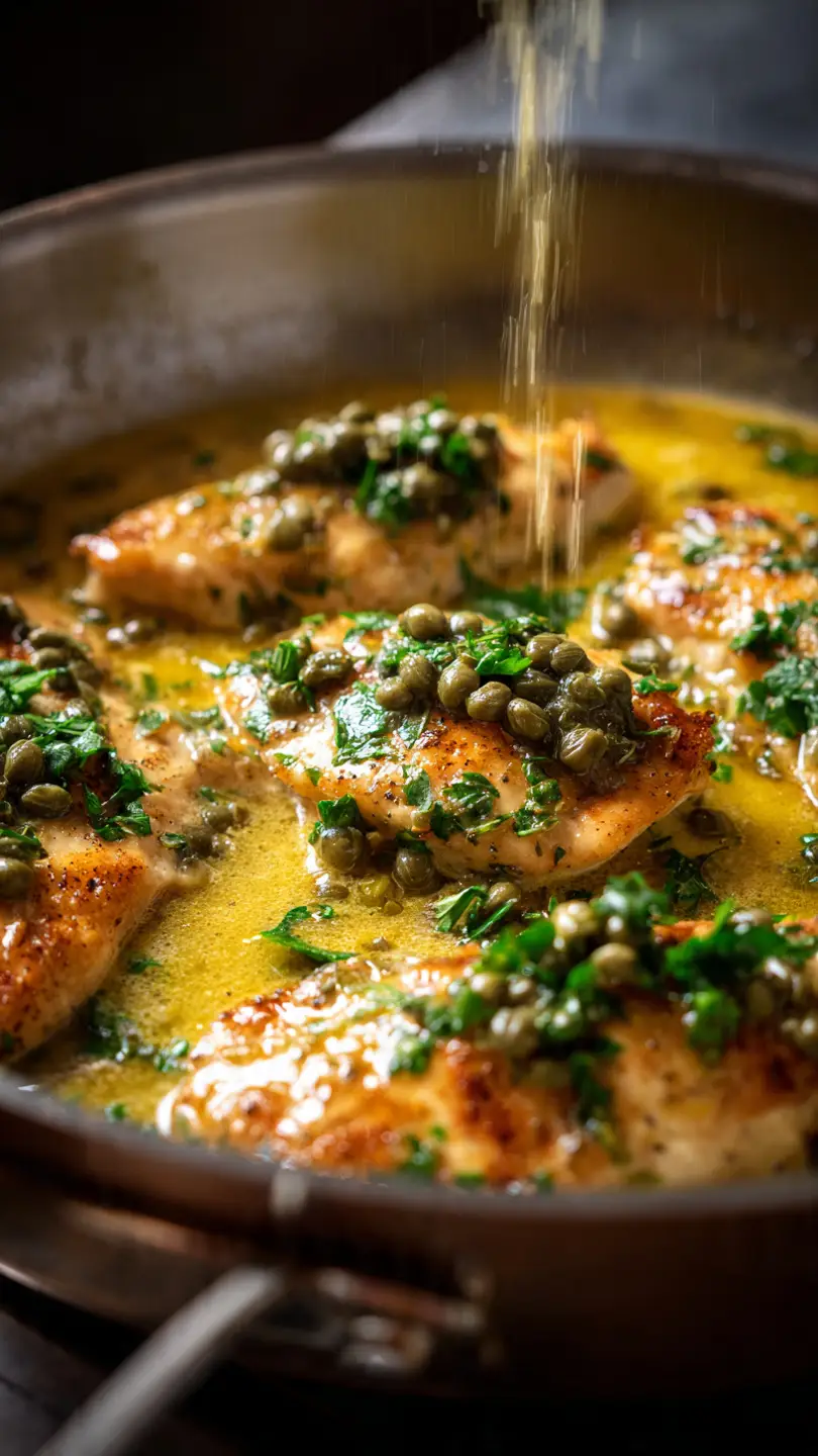 Chicken Piccata Recipe: Easy 25-Minute Lemon Caper Dish 5 Chicken piccata simmering in pan with golden pieces nestled in bright yellow lemon caper sauce with fresh parsley garnish and visible capers