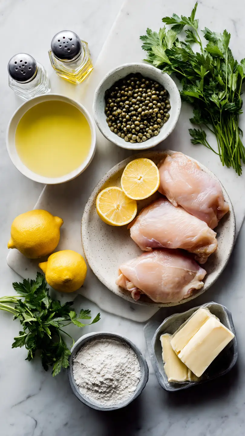 Chicken Piccata Recipe: Easy 25-Minute Lemon Caper Dish 3 Chicken piccata recipe ingredients flat lay showing raw chicken breasts, fresh lemon, capers, butter, herbs, flour, broth, olive oil, and seasonings on marble