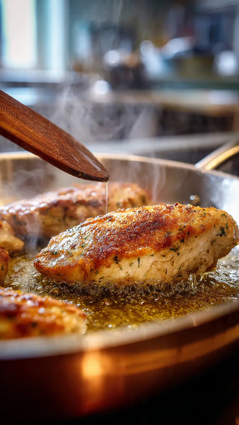 Chicken Piccata Recipe: Easy 25-Minute Lemon Caper Dish 4 Chicken piccata cutlet searing in hot oil showing golden-brown crust forming with wooden spatula lifting edge in stainless steel pan
