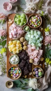 Beautiful easter candy charcuterie board with colorful pastel candies arranged by color on a wooden serving board
