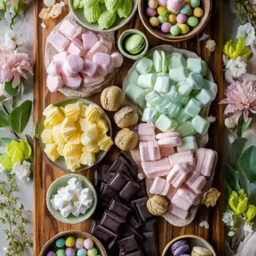 Easter Candy Charcuterie Board 8 Beautiful easter candy charcuterie board with colorful pastel candies arranged by color on a wooden serving board