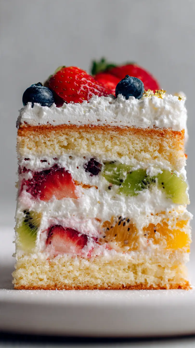 Cross-section of sliced fruit cream cake showing three perfectly separated layers: vanilla sponge, stabilized whipped cream, and fresh berries
