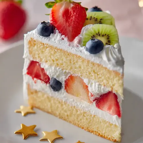 This fruit cream cake slice showcases perfectly separated layers: light vanilla sponge, thick stabilized whipped cream, and fresh strawberries, blueberries, and kiwi