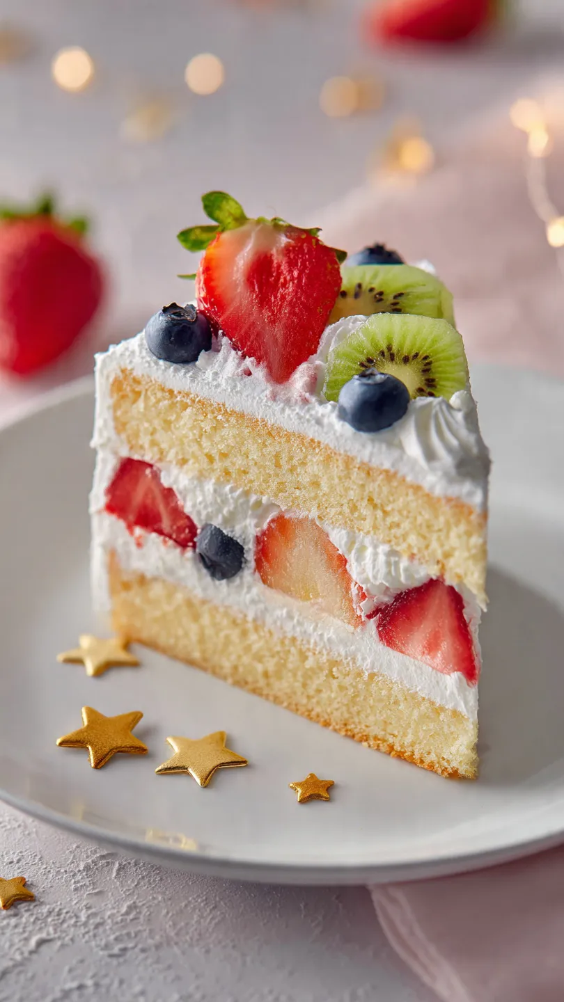 This fruit cream cake slice showcases perfectly separated layers: light vanilla sponge, thick stabilized whipped cream, and fresh strawberries, blueberries, and kiwi