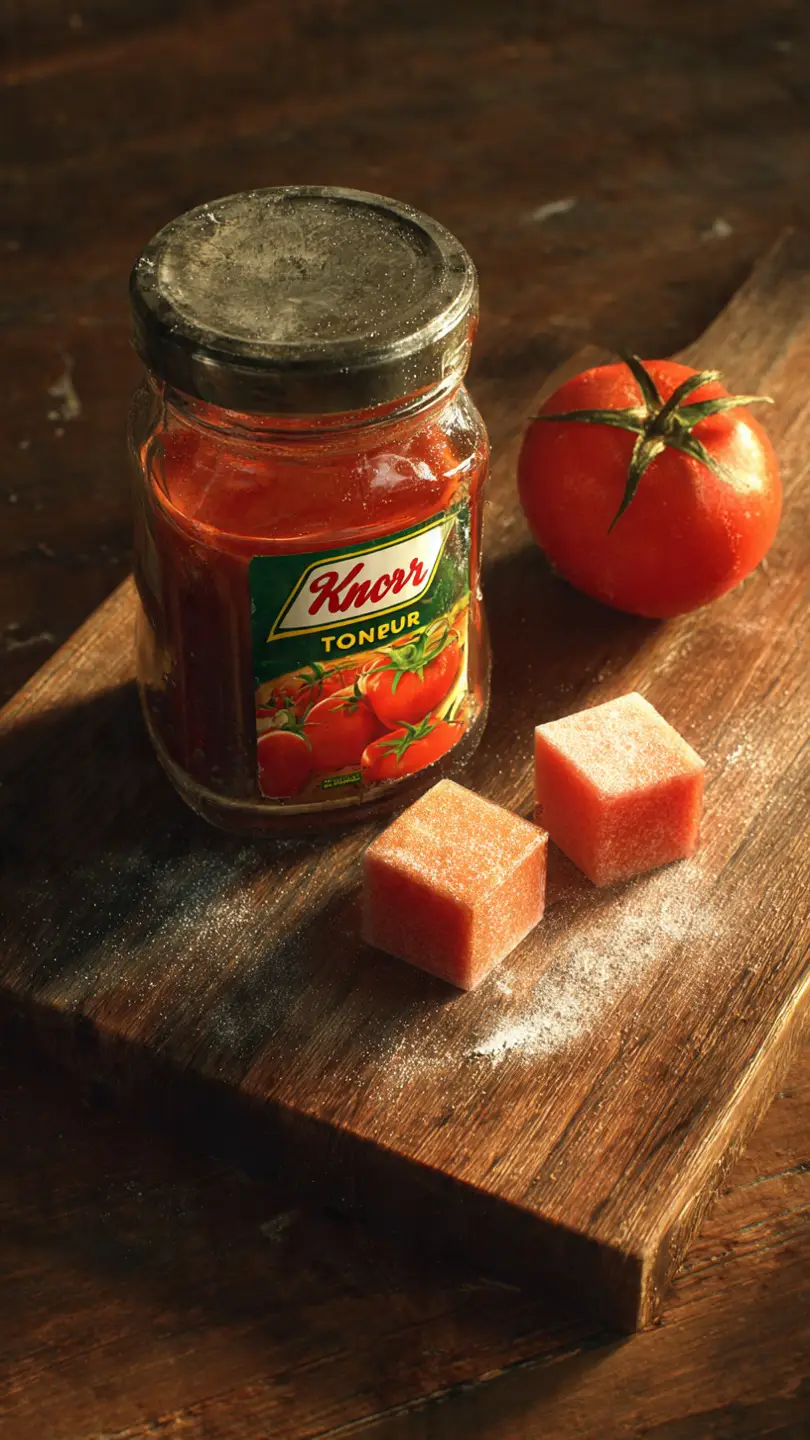 Homemade Tomato Bouillon Powder 6 Knorr tomato bouillon powder jar and cubes on wooden cutting board