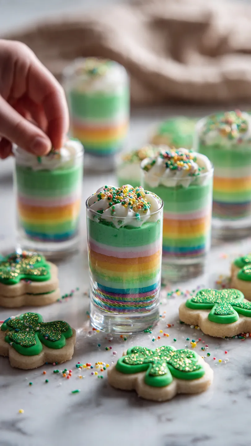 St. Patrick's Day Desserts: 25 Easy Green Treats 6 St. Patrick's Day desserts kids decorating shamrock cookies with green frosting and rainbow dessert cups in glasses