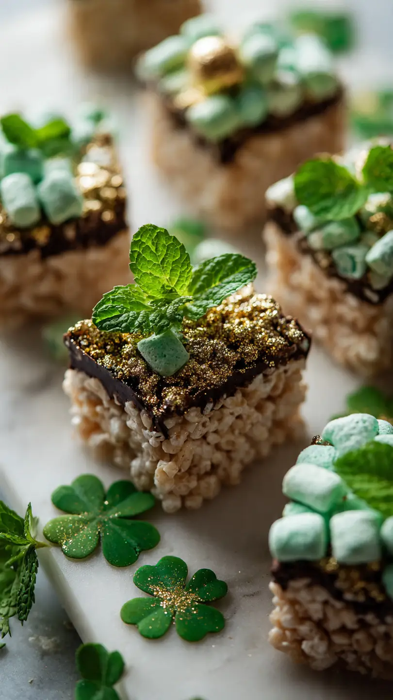 St. Patrick's Day Desserts: 25 Easy Green Treats 3 St. Patrick's Day desserts no-bake treats showing mint chocolate bites and Lucky Charms rice crispy squares on marble