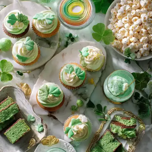 St. Patrick's Day Desserts: 25 Easy Green Treats 8 St. Patrick's Day desserts spread overhead view with green velvet cupcakes, rainbow cups, mint brownies, sugar cookies, and Lucky Charms treats