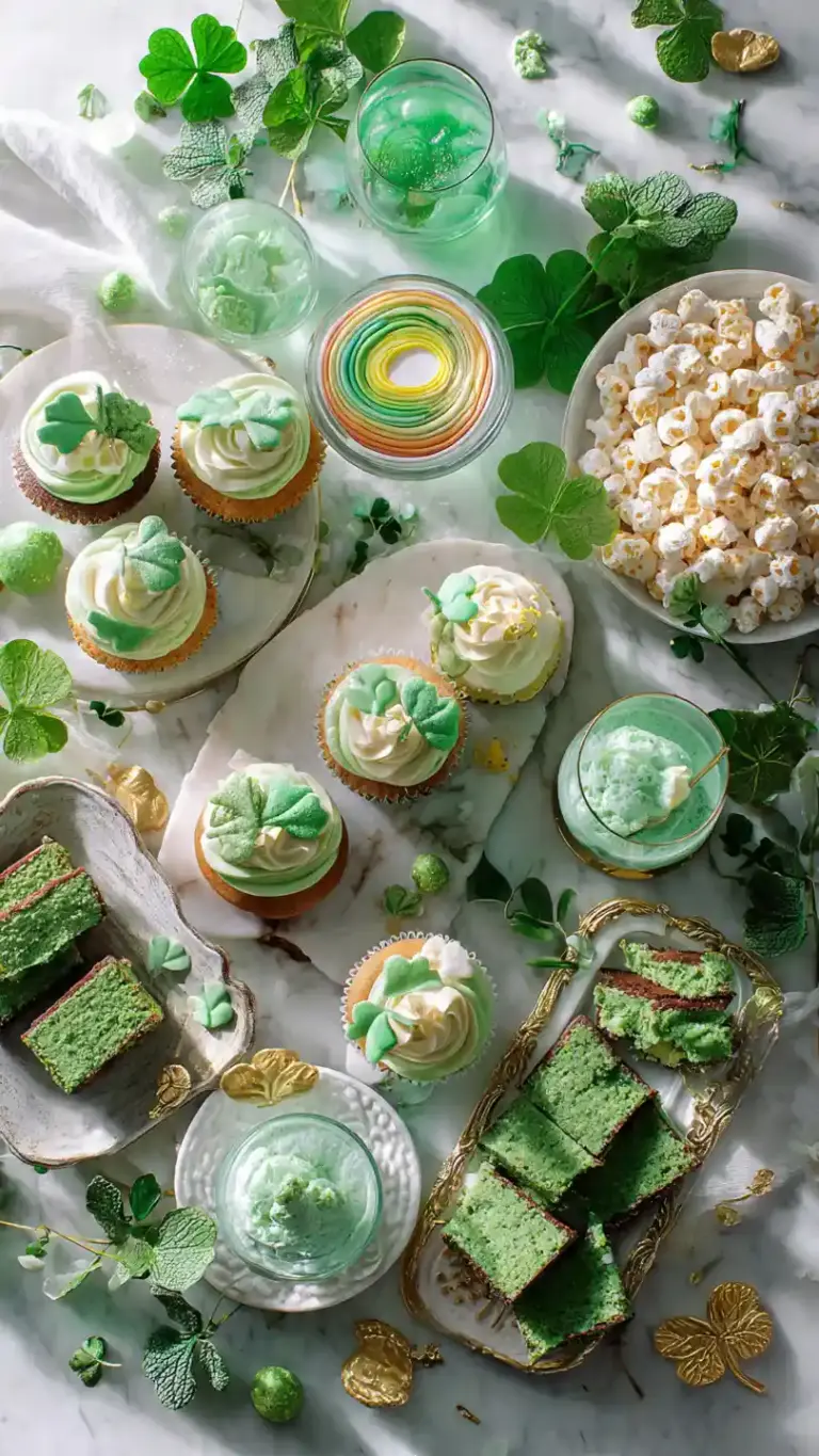 St. Patrick's Day desserts spread overhead view with green velvet cupcakes, rainbow cups, mint brownies, sugar cookies, and Lucky Charms treats
