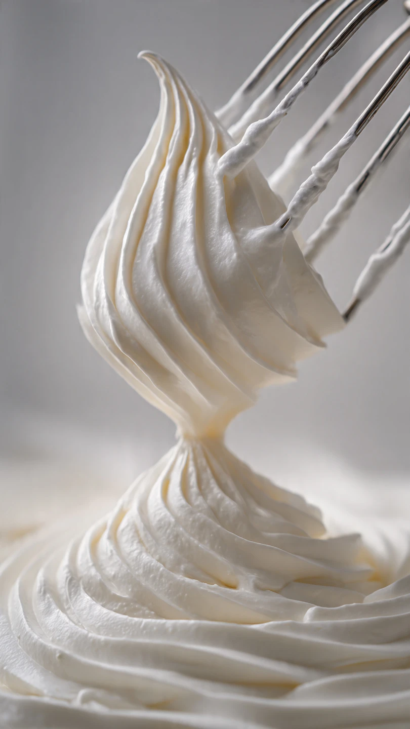 Macro close-up of perfectly whipped stabilized cream showing glossy peaks - the ideal texture for fruit cream cake decoration