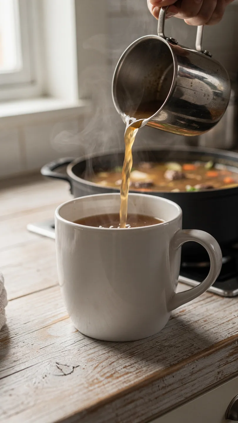 Beef bouillon broth ladled into a mug from soup