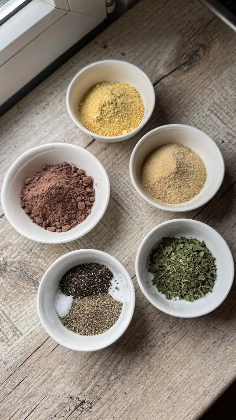 Beef bouillon homemade ingredients in small bowls