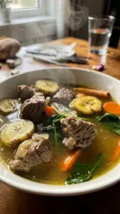 bouillon soup served hot in a rustic bowl with beef and vegetables