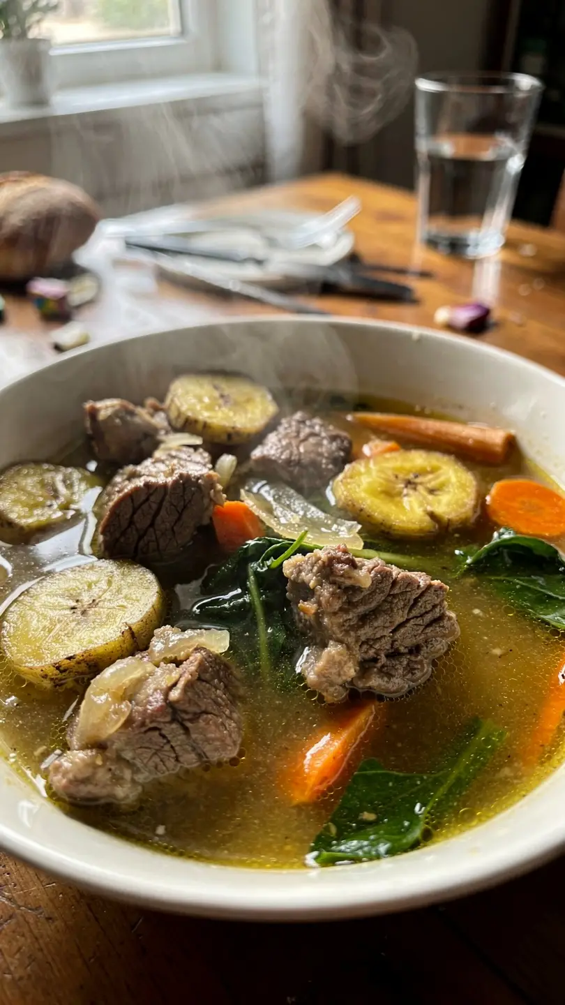 Hearty Bouillon Soup 2 bouillon soup served hot in a rustic bowl with beef and vegetables