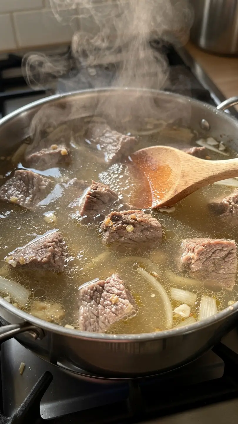 Hearty Bouillon Soup 4 bouillon soup simmering in a pot with beef and aromatics